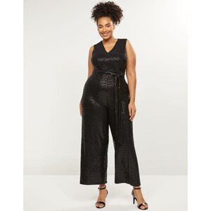 Lane Bryant Sz 18/20 Black Holiday Sequin Faux Wrap Jumpsuit Sleeveless Sparkle